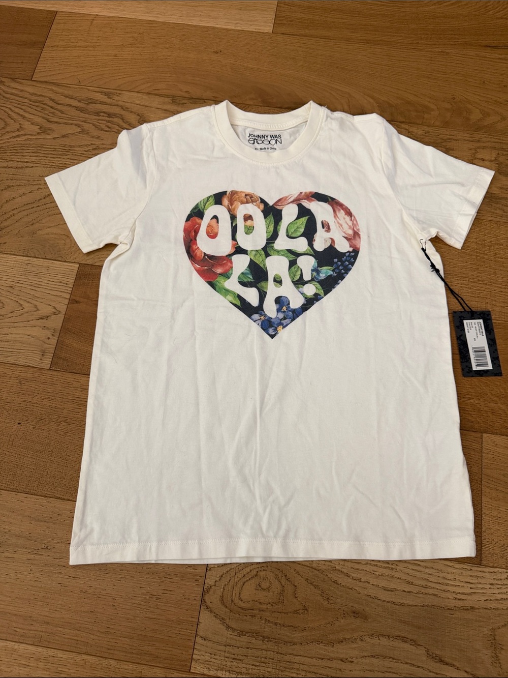 Johnny Was White Tee with Multicolor Floral Heart Logo